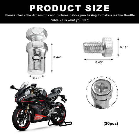 Beefy Universal Throttle And Brake Cable Ends Kit 20 Pack with 1/8 inch stop clamps and clutch locks, dimensions shown with motorcycle