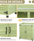 Outdoor Potting Bench with Metal Work Top and Cedar Wood Build, details of footpad, latch, handle, 38x18 inch surface