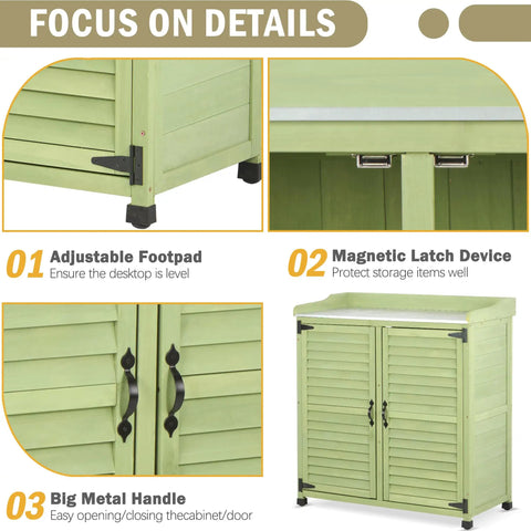 Outdoor Potting Bench with Metal Work Top and Cedar Wood Build, details of footpad, latch, handle, 38x18 inch surface