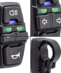 Upgrade Your Ride With This Cool DK336 E-Bike Handlebar Switch That Masters Turn Signals And Front Light Control For Scooters And Trikes. It Rocks Wide Voltage Compatibility At 36V Or 48V To Keep You Rolling Smooth And Safe Without Wiring Chaos. black plastic handlebar switch with headlight, horn, and turn signal buttons for e-bikes