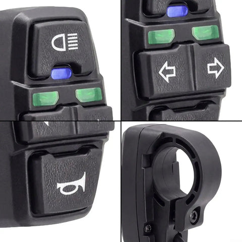 Upgrade Your Ride With This Cool DK336 E-Bike Handlebar Switch That Masters Turn Signals And Front Light Control For Scooters And Trikes. It Rocks Wide Voltage Compatibility At 36V Or 48V To Keep You Rolling Smooth And Safe Without Wiring Chaos. black plastic handlebar switch with headlight, horn, and turn signal buttons for e-bikes