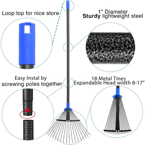 Heavy Duty Adjustable Metal Leaf Rake With Long Handle And Expandable Head From 8 To 17 Inches showing assembly and steel details