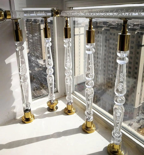 Premium Clear Acrylic Stair Spindles Deck Railing Kit With Slick Transparent Finish and Straight Up Easy Install Hardware For Modern Staircase Baluster Upgrade Kits.
