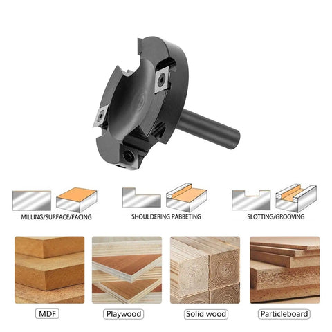 Heavy Duty Two Flute Wood Planer Router Bit With Carbide Tipped Cutters For Slab Surfacing And Spoilboard Prep shown with materials.