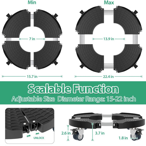 Diagram showing Lockable Wheel Plant Caddy Heavy Duty 450 Pounds Capacity with adjustable 15-22 inch rolling base and lockable wheels