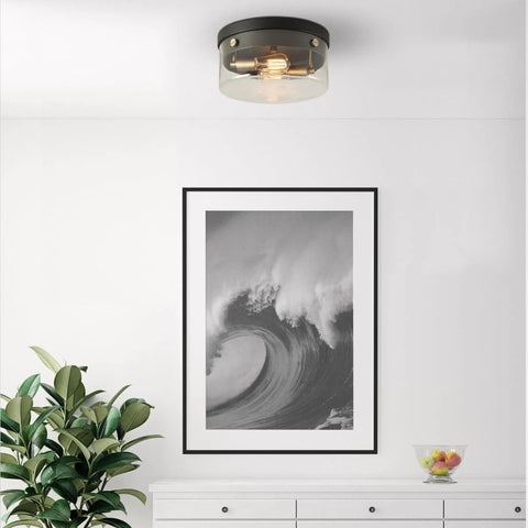 Ella 1-Light Flush Mount Ceiling Light In Matte Black With Chrome Accents And Clear Glass Shade in living room setting