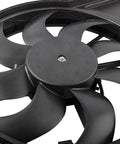 Premium Grade Radiator And AC Condenser Cooling Fan Assembly For Ford Focus 2012 To 2018 With 2.0L Motor close-up view of fan blades.