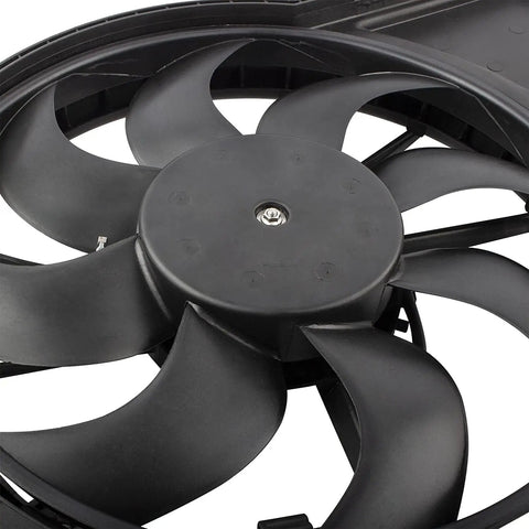 Premium Grade Radiator And AC Condenser Cooling Fan Assembly For Ford Focus 2012 To 2018 With 2.0L Motor close-up view of fan blades.