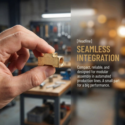 Close-up of a brass pipe tee fitting held, showcasing Brass Threaded Tee Fittings 4 Pack Works With Pneumatic Systems And Air Hoses Block Style