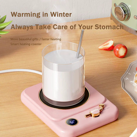Smart Electric Mug Warmer With Three Heat Modes And Automatic Shutoff Keeps Your Daily Brew Piping Hot Without The Burn on pink base with glass.