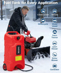 16 Gallon Rolling Gas Caddy With 10 Ft Manual Siphon Pump Hella Durable HDPE Fuel Tank used near a snow blower in snowy conditions.