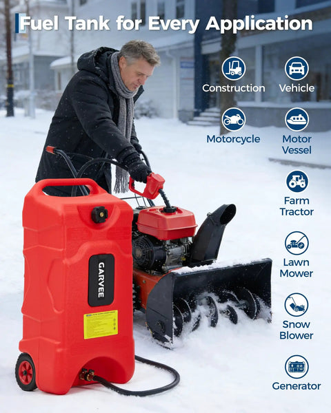 16 Gallon Rolling Gas Caddy With 10 Ft Manual Siphon Pump Hella Durable HDPE Fuel Tank used near a snow blower in snowy conditions.