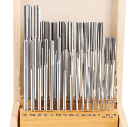 Accusize 29-piece HSS chucking reamer set in wooden case; straight flute, right-hand cut, 1/16–1/2 in by 1/64 in
