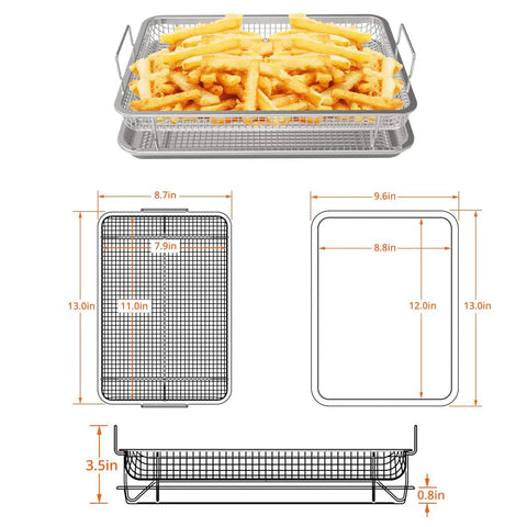Two Piece Air Fryer Oven Basket Set With Tray And Grease Trap, Bacon Rack For Crisper; dimensions shown with French fries