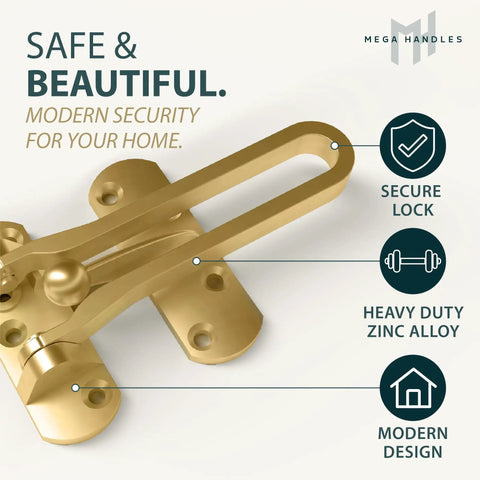 Tough Gold Swing Bar Door Lock For Swing In Doors Childproof Safety Latch close-up view highlighting zinc alloy and secure design.