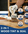 1 Gallon Redwood Wood Stain And Sealer In One applied with a brush on wood surface for waterproof finish and sealing.