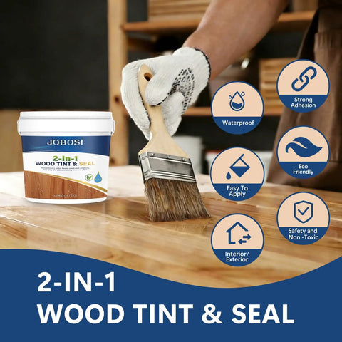 1 Gallon Redwood Wood Stain And Sealer In One applied with a brush on wood surface for waterproof finish and sealing.