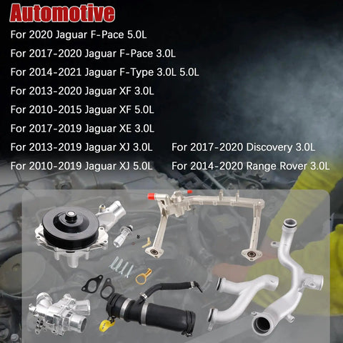 Heavy Duty Aluminum Coolant Water Pipe System Kit For Jaguar F Type F Pace Xf Xe Xj Land Rover Discovery Range Rover, showing various engine components