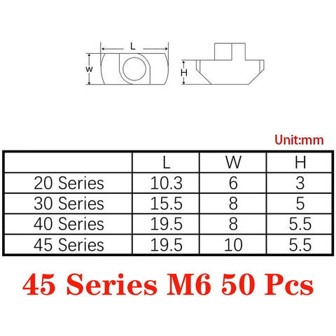 Premium 50 Pack M6 Thread T Slot Nuts Hammer Head Fastener For Aluminum Framing size chart with dimensions listed.