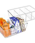 Heavy Duty Clear Plastic Pantry Storage Totes With Removable Dividers 2 Pack Kitchen Cabinet Organizers for snacks and pouches.
