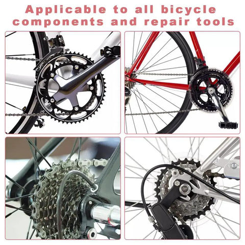 Close-up of bicycle gear and chain system with repair tools for Four-Piston Hydraulic Disc Brake Kit For Mountain Bikes.