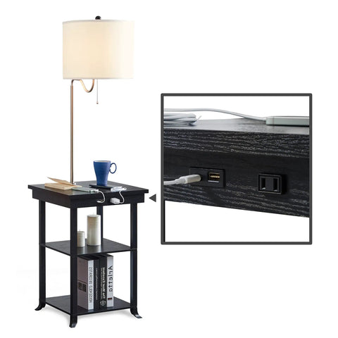 59.5 Inch Floor Lamp End Table With Dope USB And USB C Charging Station And Power Outlet Bedside Nightstand Lamp Attached Space Saving Table For Bedroom Ava White, displaying lamp, charging ports, and shelves.