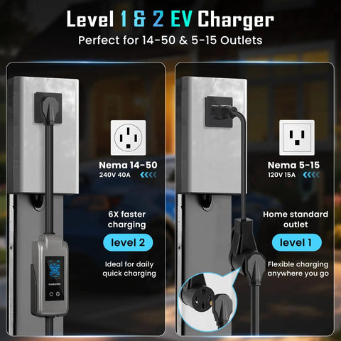 Display of EV charger with two setups: 40 Amp Level 2 EV Charger With 25 Ft J1772 Cable On The Go Portable 100 To 240V Charging Station