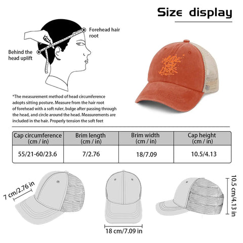 Size chart and design of Look Cool Trucker Hat For Men And Women Funny Humor Cap Breathable Ventilated With Top Air Hole Saffron Color.