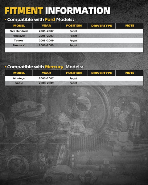 Fitment chart for Beefy Heavy Duty Front Wheel Bearing Hub Assembly For Ford Taurus 2008 2009 and Mercury models 2005 2009