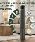 Ace Bladeless Tower Fan That Beats The Heat With Slick Indoor Cooling And Ultra Quiet Operation Featuring Five Speeds Sixty Degree Rotation Remote Control Settings And Led Display For Bedroom Or Home Office Chill Out Zones. Modern tower fan displaying 5 speeds and 4 modes in a cozy living space.