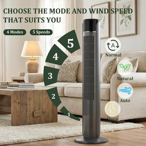 Ace Bladeless Tower Fan That Beats The Heat With Slick Indoor Cooling And Ultra Quiet Operation Featuring Five Speeds Sixty Degree Rotation Remote Control Settings And Led Display For Bedroom Or Home Office Chill Out Zones. Modern tower fan displaying 5 speeds and 4 modes in a cozy living space.