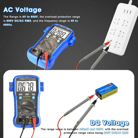 Beefy 4000-Count Auto-Ranging Digital Multimeter Kit for AC/DC voltage resistance and battery tests in use with socket and battery.