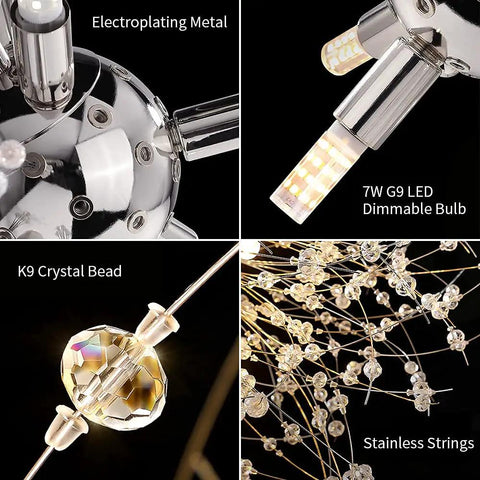 Detailed view of Eight Light Crystal Dandelion Chandelier Pendant Lights in Chrome Finish with Firework Design features and components.