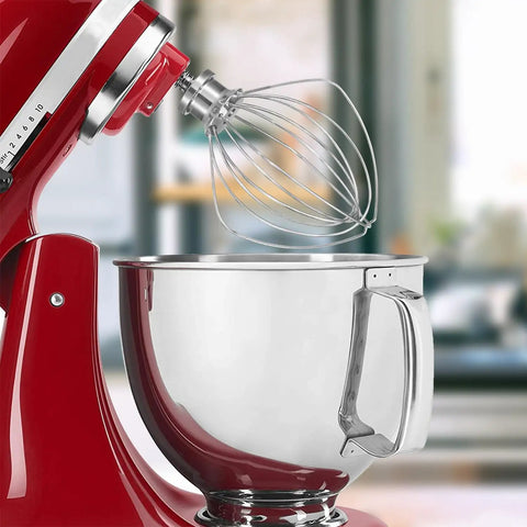 Six Wire Dishwasher Safe Whisk Attachment For 4.5 Quart And 5 Quart Tilt Head Stand Mixers shown on red stand mixer