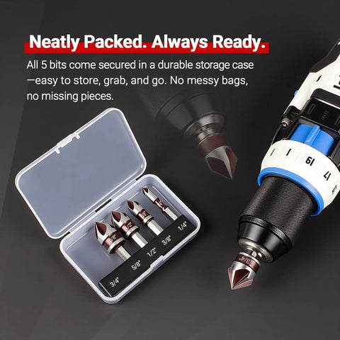 Heavy Duty 5 Piece Countersink Drill Bit Set Featuring 82 Degree HSS Steel And Quick Change Hex Shank for wood, metal, plastic in a durable storage case.