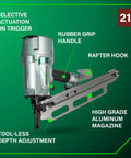 Framing Nailer With High Grade Aluminum Magazine For Tough As Nails Performance Jam Free Pneumatic Tool Accepts Two Inch To Three And A Quarter Inch Collated Nails Twenty One Degree Includes Rafter Hook NR83A5S1 showing labeled parts.