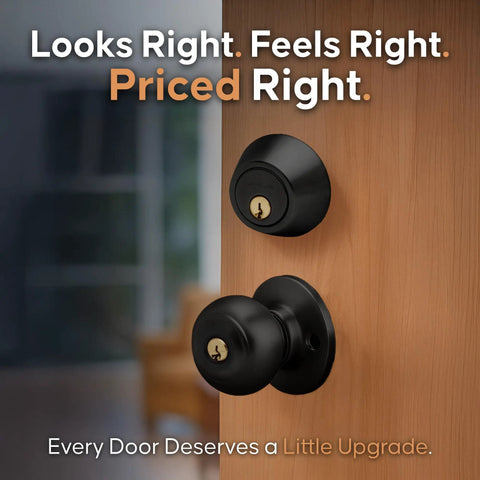 Colonial Door Knob Set With Keyed Alike Deadbolt Black Smudge Resistant Finish on wood door interior view