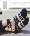Aluminum Straight Sock Jigs For Sublimation Projects Flat Sock Press Inserts with hanging hole shown next to festive socks.