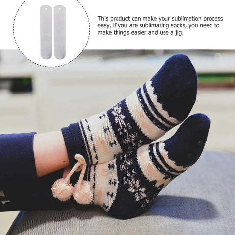 Aluminum Straight Sock Jigs For Sublimation Projects Flat Sock Press Inserts with hanging hole shown next to festive socks.
