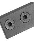 Close-up of black metal Heavy Duty Replacement Sliding Barn Door Track Connector Set With Mending Plate For Rock Solid Stable Repairs And Ultra Smooth Finish Versatile Black Design Easy Peasy Installation At Home For Diy Enthusiasts Perfect For Quick Upgrades And Seamless with visible screws.
