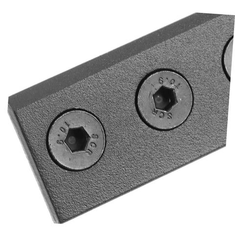 Close-up of black metal Heavy Duty Replacement Sliding Barn Door Track Connector Set With Mending Plate For Rock Solid Stable Repairs And Ultra Smooth Finish Versatile Black Design Easy Peasy Installation At Home For Diy Enthusiasts Perfect For Quick Upgrades And Seamless with visible screws.