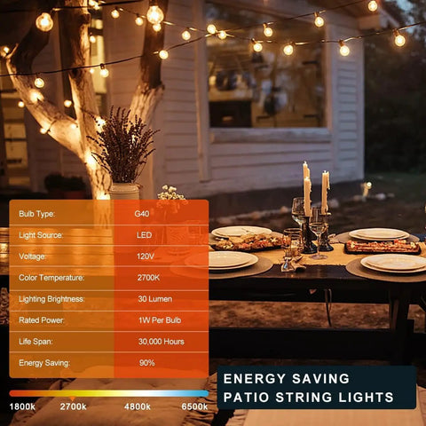 Outdoor 240 Ft LED String Lights With 124 G40 Globe Bulbs, Waterproof IP65 Dimmable Patio Lighting over evening dinner table