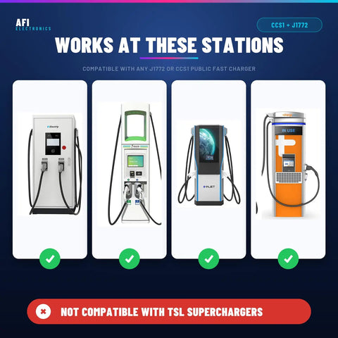 Image showing various charging stations compatible with Plug And Go Ccs1 To Nacs Adapter For Tesla Model 3 And Model Y Delivers Hella Fast 250kW Dc Charging At Electrify America And Evgo Stations With Flame Resistant Housing And Ip54 Weather Seal.