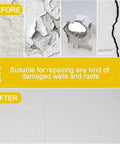 Image showing before and after using 4 Pack 12-Inch By 12-Inch Drywall Repair Patches With Scraper Self-Adhesive Wall Patch Kit.