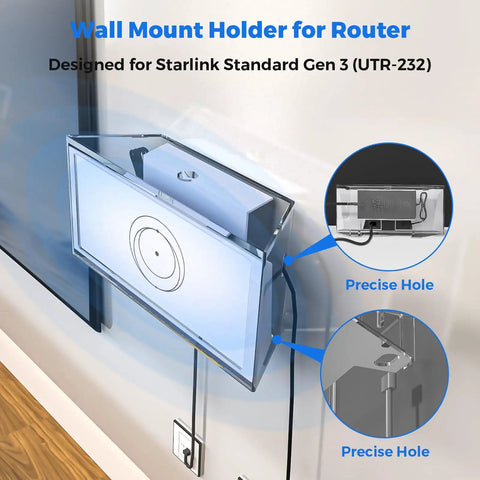 Slick Starlink Gen 3 Router Wall Mount With Clear Acrylic Enclosure, showing precise cable holes for tidy setup.