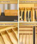 Straight Up Expandable Bamboo Kitchen Drawer Organizer With 2.5 Inch Elevated Sides And Curved Grooves, showing different bamboo compartments.