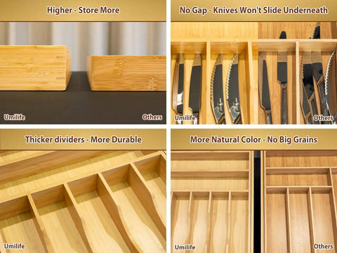 Straight Up Expandable Bamboo Kitchen Drawer Organizer With 2.5 Inch Elevated Sides And Curved Grooves, showing different bamboo compartments.