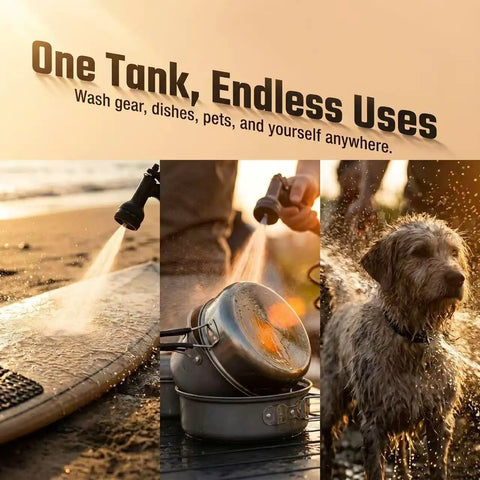9.5 Gallon Pressurized Water Tank With Aluminum Roof Rack Mount for Camping, sprays surfboard, dishes, dog; versatile use
