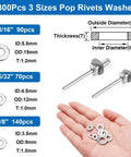 Hand holding 300pcs 3 sizes pop rivets and washers, showing diameter and thickness details with two pop rivets displayed on the right.