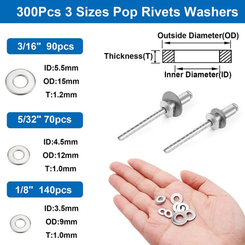 Hand holding 300pcs 3 sizes pop rivets and washers, showing diameter and thickness details with two pop rivets displayed on the right.